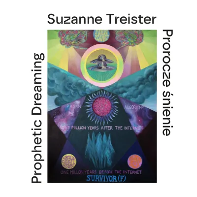 In the center is a multi-layered, surreal graphic in shades of purple, green, and pink that combines cosmic motifs (flying saucers, a planet), mystical elements (a sun/eye symbol), and technological features (a dotted grid) with elements of nature (a forest) and the human brain; above and below this composition, the words "Prophetic Dreaming" and "Prorocze śnienie" are visible.