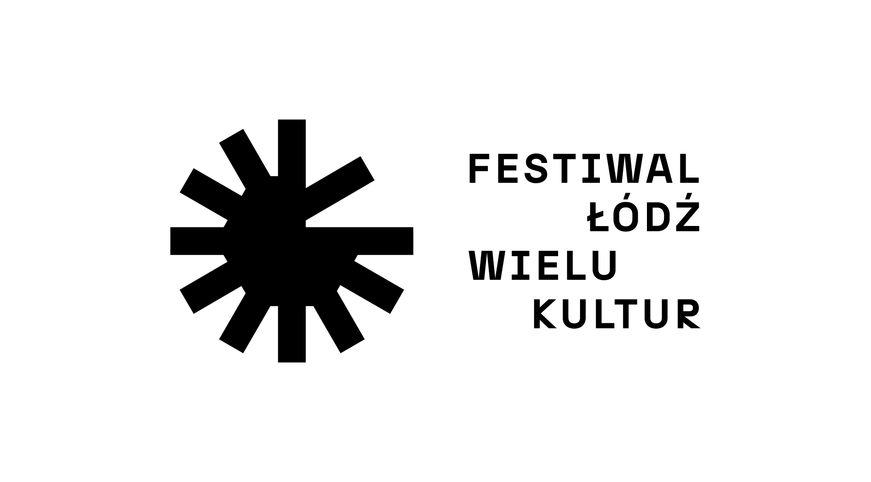 Logo Festiwalu Łódź Wielu Kultur, napis po prawej, po lewej czarna grafika