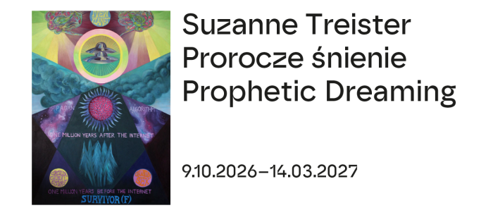 Po lewo znajduje się wielowarstwowa surrealistyczna grafika w odcieniach fioletu, zieleni i różu, która łączy w sobie motywy kosmiczne (latające spodki, planetę), mistyczne (symbol słońca/oka) i technologiczne (sieć kropkowana) z elementami natury (las) i ludzkiego mózgu. Po prawej stronie tej kompozycji widoczne są napisy „Prophetic Dreaming” po angielsku i „Prorocze śnienie” oraz daty 9.20.2026-12.03.2027.