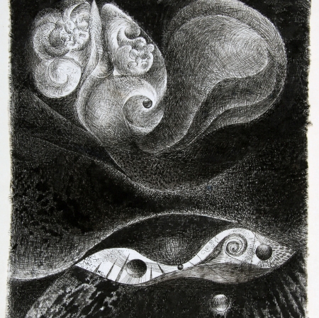 Henryk Morel Kompozycja XI–XII, z cyklu Lunapark XV, 1967, tusz, płótno, Muzeum Sztuki w Łodzi 