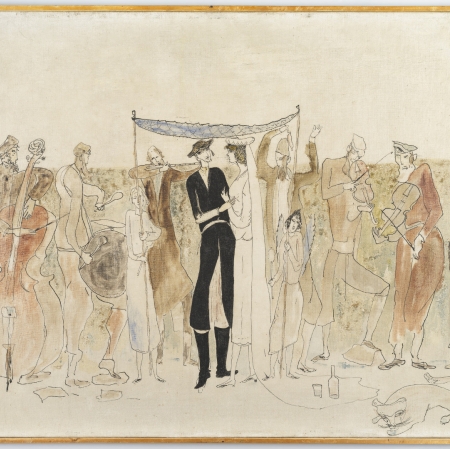 Leopold Buczkowski „Mazeł toff w Ostrogu”, z cyklu: „Obrazy o tematyce żydowskiej”, 1966, malarstwo olejne, rysunek tuszem, z kolekcji Muzeum Sztuki w Łodzi