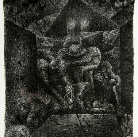 Henryk Morel, Kompozycja, z cyklu Lunapark, 1966,  tusz, płótno, Muzeum Sztuki w Łodzi
