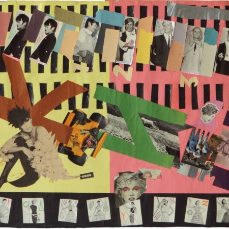 Evgenij ‘E-E’ Kozlov, KINO, mixed media collage with pictures from the photo session for the  LP cover of KINO’s ‘Nachalnik Kamchatki’ (Boiler Plant Operator), 80 x 225 cm, 1985, collection of the artist.