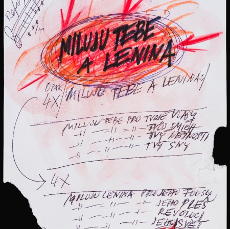 Milan Knížák, „Partytura zespołu Aktual [Miluju tebe a Lenina]”, 1967, długopis, tusz, flamaster, pastel, karton, z kolekcji Muzeum Sztuki w Łodzi