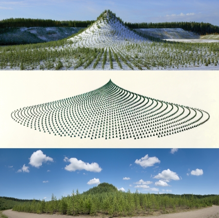 Agnes Denes, "Tree Mountain – A Living Time Capsule – 11,000 Trees, 11,000 People, 400 Years (Triptych)", 1992-1996, 1992/2013,  Type-C print © the artist and Leslie Tonkonow Artworks + Projects, New York