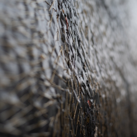 Teresa Tyszkiewicz, "Épingle, rouge et noir", 1985, pins, paper, acrylic and oil on canvas, 300 x 150 cm, detail, courtesy of the artist, photo: Anna Zagrodzka