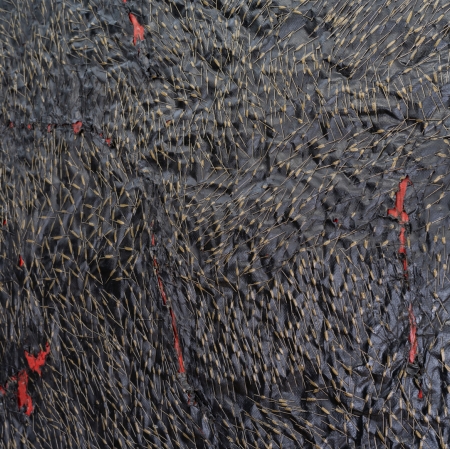 Teresa Tyszkiewicz, "Épingle, rouge et noir", 1985, pins, paper, acrylic and oil on canvas, 300 x 150 cm, detail, courtesy of the artist, photo: Anna Zagrodzka 