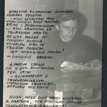 Dzieło, czarno białe zdjecie osoby i napisy. Jacek Kryszkowski, Podjąłem się rekonstrukcji najwybitniejszego dzieła Andrzeja Partuma, 1980, (t. 307), Muzeum Sztuki, Łódź