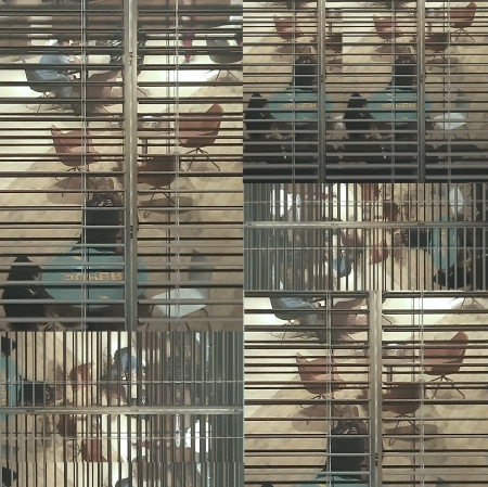 rozmyta fotografia przestawiająca krzesła w pomieszczeniu fotografowane zza markizy