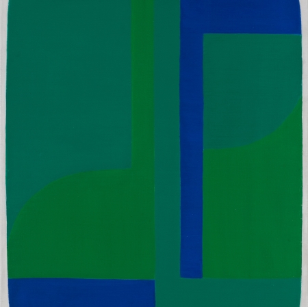 A geometric abstract painting, consisting of a large, rounded rectangle almost completely filling the canvas. There are geometric figures inside the rectangle.