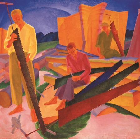 painting featuring three men with large saws for cutting
