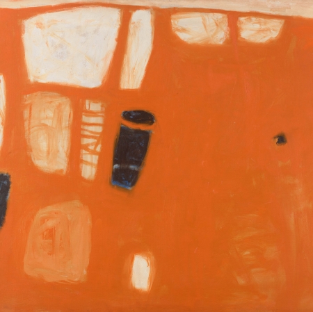  An abstract painting consisting of a large plane covered with smaller irregular shapes. It somewhat resembles the layout of fields seen from a bird's eye view.