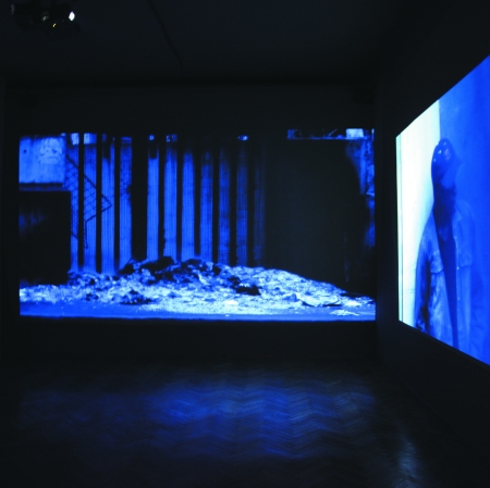 exhibition view with films displayed on the walls 
