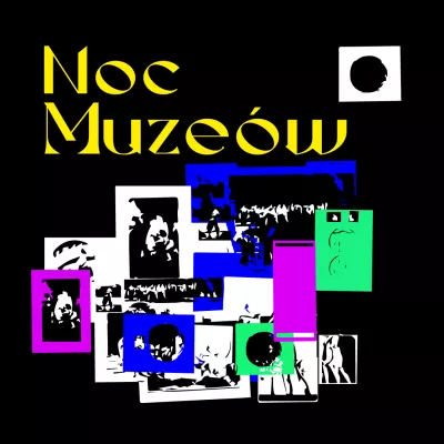 Na czarnym tle widnieje napis "Noc Muzeów" w kolorze żótym, poniżej kolorowe elementy graficzne