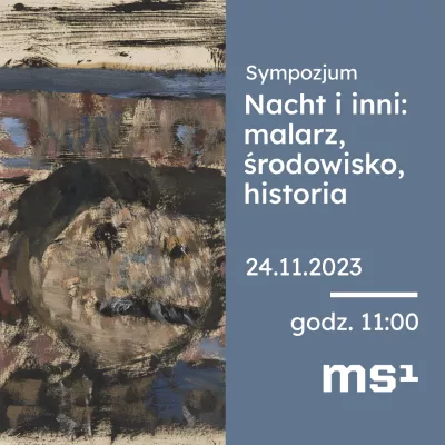 Fragmant obrazu przedstawiającego twarz, obok niebieskie pole z niebieskimi napisami