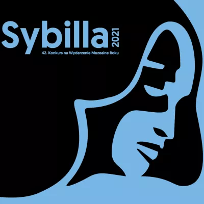 grafika w czarno niebieskim kolorze, w gorze napis "Sybilla 2021" a po prawej stronie abstrakcyjny portret kobiety 