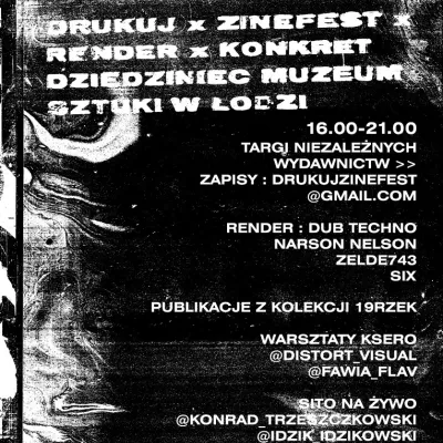 Grafika przedstawia białe napisy na czarnym tle. Miejscami pojawiają się białe plamy lub przetarcia podobne do tych z druków ksero.