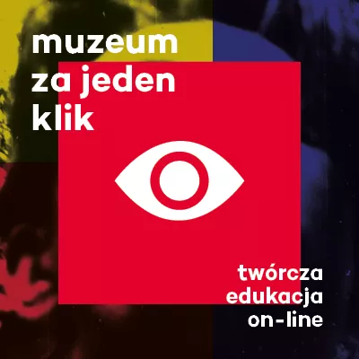 Na czerwonym kwadracie biały piktogram oka. W tle kolory żółty, czerwony i niebieski.