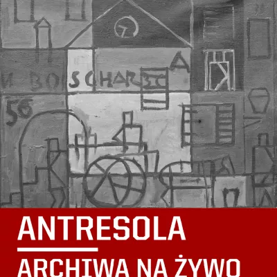 Black and white picture od a painting, below white letters on red background