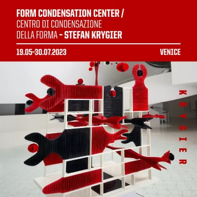 White inscription "Form Condensation Center / Centro di condensazione della forma - Stefan Krygier" on a red background. Below is a photo of the artist's work