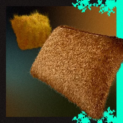 The picture is square where the brown color slowly changes to black. There are two "hairy objects" in the picture which resemble hair. One, located in the upper left corner, is smaller, distant and blurry. The second one, in the lower right corner, is much larger and distinct. On the right side, there is a turquoise stripe that overlaps the main graphic from the top and bottom.