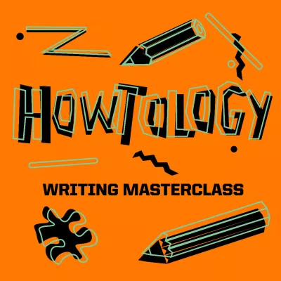 There are black-and-green zig-zags, pencils and puzzle pieces on orange background.