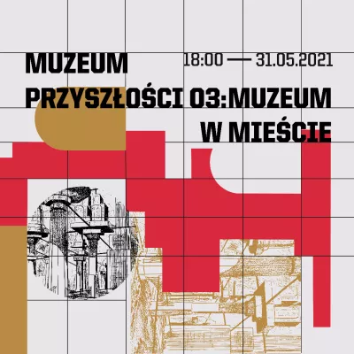 The image is mostly white and chequered. There are red and brown irregular shapes. There are drawings of buildings. 