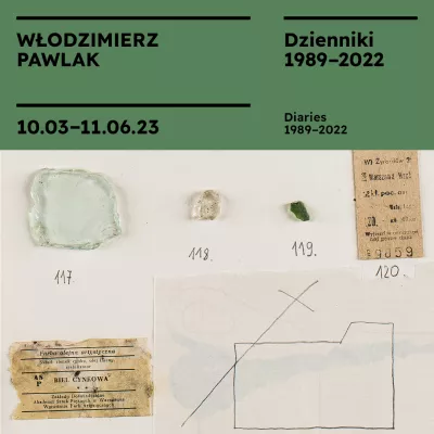The inscription "Włodzimierz Pawlak. Diaries 1989-2022" on a green background, a fragment of the work below