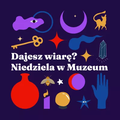 Na fioletowym tle znajdują się różne, kolorowe obiekty: chmura z okiem, księżyc, klucz, dłoń, owad, dzban.