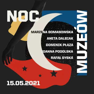 Na grafice dominuje kolor czarny. Na środku znajduje się księżyc w fazie sierpu. Obok niego znajduje się ciemna ręka oraz trzy obłoki w kolorach niebieskim, żółtym i czerwonym. Na czerwonym obłoku znajdują się czarne gwiazdki. Na grafice znajdują się również nazwiska biorących udział w wydarzeniu oraz hasło "Noc Muzeów". 