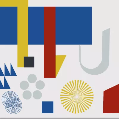 Różnokolorowe figury geometryczne na jasnym tle.