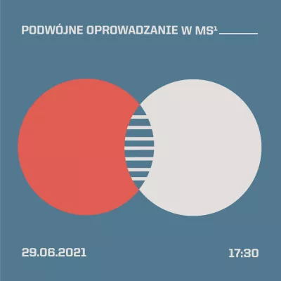 Dwa koła (jedno czerwone, drugie białe) łączą się ze sobą. We wspólnej przestrzeni znajduje się kolor niebieski z białymi paskami. 