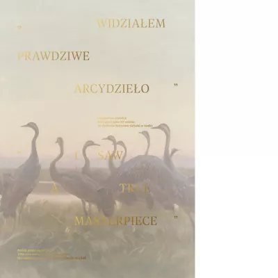 Obraz przedstawiający ptaki, powyżej złoty napis "Widziałem prawdziwe arcydzieło"
