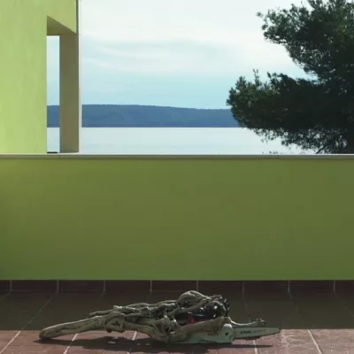 A photo showing a fragment of a landscape. In the foreground there is a terrace with an object made of a chainsaw and a tree limb. A view of the lake in the background