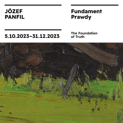 Fragment obrazu w kolorach zielonych, powyżej czarne napisy na białym tle