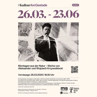 Plakat promuje wystawę „Montagen aus der Natur” Aleksandra i Wojciecha Krzywobłockich, która odbędzie się w Wiedniu w terminie od 26 marca do 23 czerwca. W jego centralnej części znajduje się czarno-biała, awangardowa fotografia przedstawiająca autoportret mężczyzny w garniturze na tle geometrycznych, nakładających się na siebie płaszczyzn.