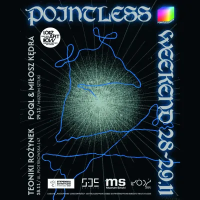 Plakat zapowiadający wydarzenie artystyczne "Pointless Weekend 28-29.11" w Muzeum Sztuki w Łodzi. Plakat utrzymany jest w mrocznym, futurystycznym stylu i informuje o dwóch wydarzeniach: Teoniki Rożynek 28.11 oraz FOQL & Miłosz Kędra 29.11.