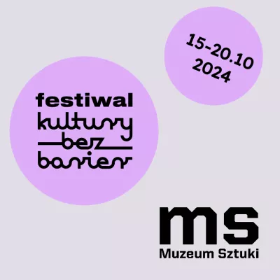 szary kwadrat, na jego tle jasno fioletowe koło z logo festiwal kultury bez barier, drugie koło z datą 15-20.10 oraz czarne logo ms