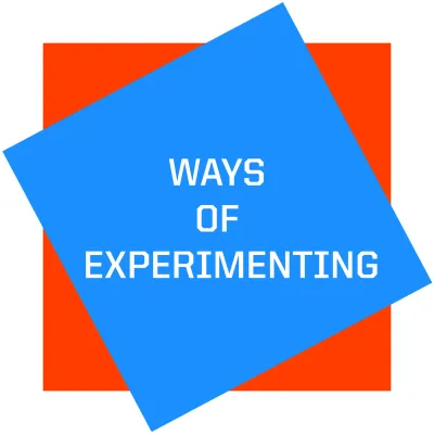 two tilted squares, orange in the background, blue on top with white text: Ways of experimenting