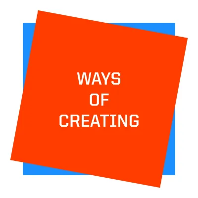 Two tilted squares, blue in the background, orange on top with white text: ways of creating