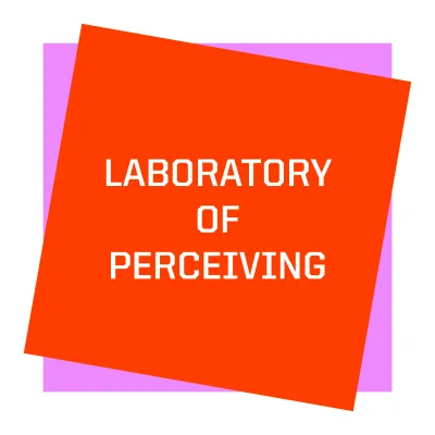 Two tilted squares, pink in the background, orange on the top. On the orange square there is a white text: Laboratory of Perceiving.