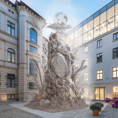 Grafika przedstawia dziedziniec miejski z wysoki, skalistym monumentem oplecionym świetlistymi włóknami i zwieńczonym uniszczącą się nad nim kulą ziemską. Monument usytuowany jest pomiędzy klasyczną, zabytkową kamienicą z łukowatymi okiennikami a nowoczesnym, przeszklonym budynkiem.  