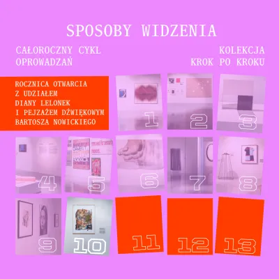 Grafika promująca „Sposoby widzenia” – całoroczny cykl oprowadzań i kolekcję „Krok po kroku”. Na różowym tle znajduje się układ trzynastu ponumerowanych fotografii przedstawiających przestrzenie i dzieła sztuki. Wyróżnione na czerwono pola informują o rocznicy otwarcia z udziałem Diany Lelonek i pejzażu dźwiękowym Bartosza Nowickiego.