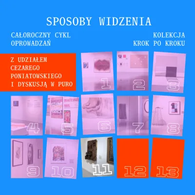 Grafika promująca cykl oprowadzań „Sposoby widzenia”. Na niebieskim tle znajduje się tytuł oraz informacje o całorocznym cyklu oprowadzań z udziałem Cezarego Poniatowskiego i dyskusji w Puro oraz cyklu „Kolekcja krok po kroku”. Poniżej rozmieszczono trzynaście ponumerowanych pól, z których większość przedstawia fotografie dzieł sztuki i przestrzeni wystawienniczych.
