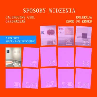Grafika promocyjna na czerwonym tle z tytułem „Sposoby widzenia”. Po lewej napis „Całoroczny cykl oprowadzań” oraz niebieski prostokąt z tekstem „Z udziałem Gizeli Mickiewicz”. Po prawej napis „Kolekcja krok po kroku”. Poniżej układ 13 ponumerowanych, różowych i kolorowych kafelków (1–13), z czego trzy pierwsze zawierają miniatury dzieł sztuki, a pozostałe są jednolite z białymi numerami.