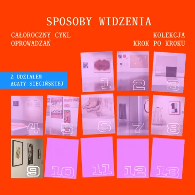 Plakat promujący cykl oprowadzań po wystawie. Tło jest intensywnie pomarańczowe. U góry, dużymi białymi literami w stylu maszyny do pisania, widnieje napis: „SPOSOBY WIDZENIA”. Po lewej stronie znajduje się tekst: „CAŁOROCZNY CYKL OPROWADZAŃ”, a po prawej: „KOLEKCJA KROK PO KROKU”. Niżej, w niebieskim prostokącie po lewej, umieszczono informację: „Z UDZIAŁEM PAULINY OŁOWSKIEJ”.  Dolną i środkową część plakatu zajmuje siatka trzynastu lekko przekrzywionych prostokątów w odcieniach różu.