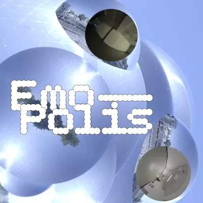 Napis Emo_Polis na tle niebieskiej grafiki przypominającej bański, dodatkowo zdjęcia zniekształcone, wyglądające jak z kamer przemysłowych