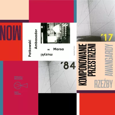 Grafika zamknięta jest w kwadracie. Znajdują się na niej prostokątne okładki książek z oferty Muzeum, poukładane są one pod kątem 90 stopni. Wśród okładek znajdują się katalogi "Teorii widzenia", "Komponowania przestrzeni", "Patkowski. Ambasador muzyki z Marsa", "Galeria Wschodnia. Dokumenty 1984-2017",  "Montaże". Dominują kolory czerwony, różowy, jasnopomarańczowy, szary oraz biały. 