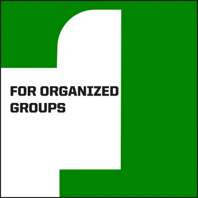 Graphic with a green background, a white geometric shape and the black text “FOR ORGANIZED GROUPS”.