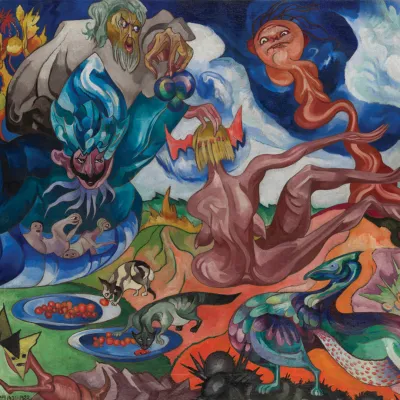 Obraz przedstawia dynamiczną i surrealistyczną scenę pełną fantastycznych postaci, dziwnych stworzeń oraz jaskrawych kolorów, które przenikają się w sennym krajobrazie. W centrum kompozycji znajdują się nienaturalne sylwetki ludzkie otoczone przez bajkowe zwierzęta i demony, co tworzy wrażenie niepokoju oraz chaosu.